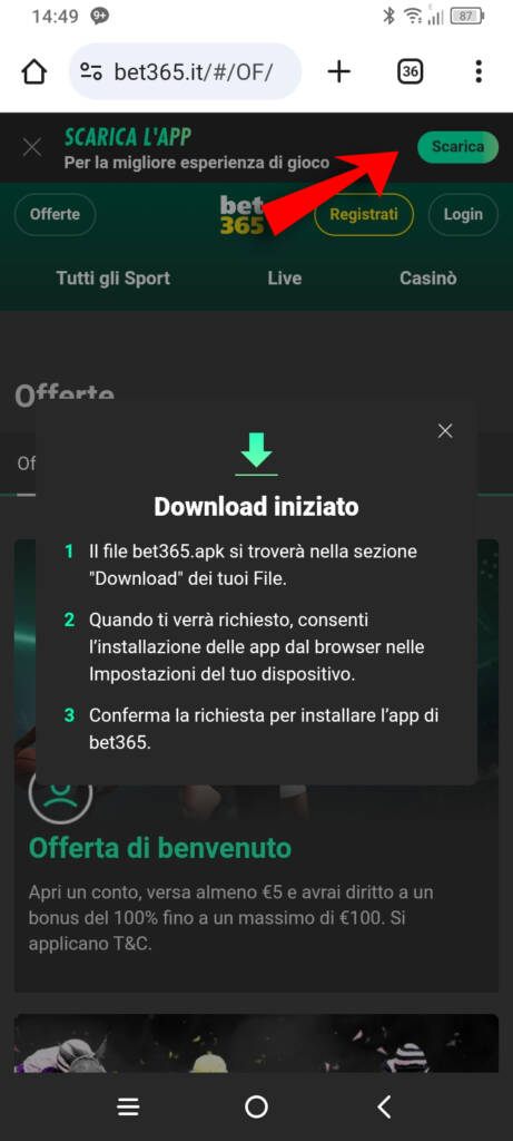 Scaricare la App Mobile di Bet365 Scommesse