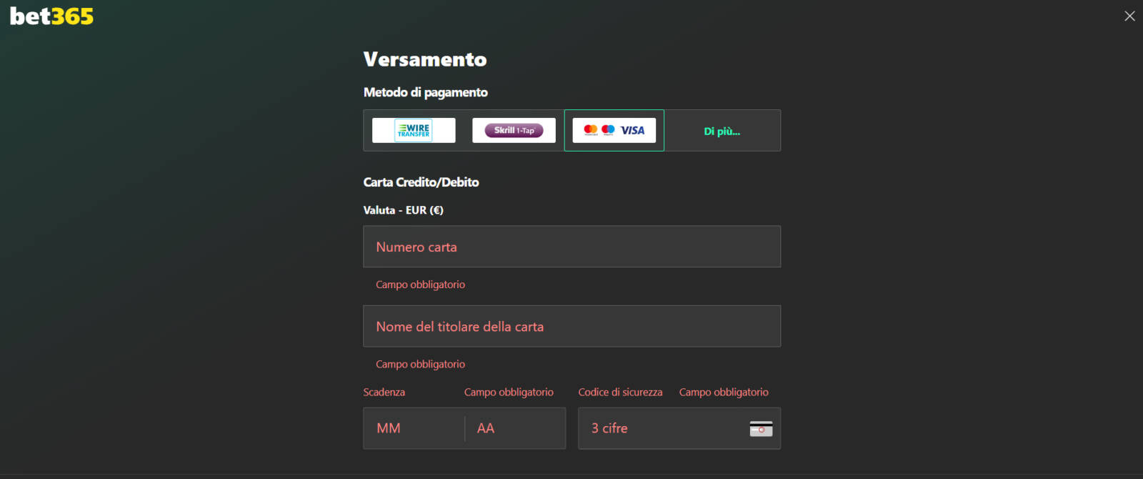 Step 5 - Versare sul tuo conto di gioco di Bet365