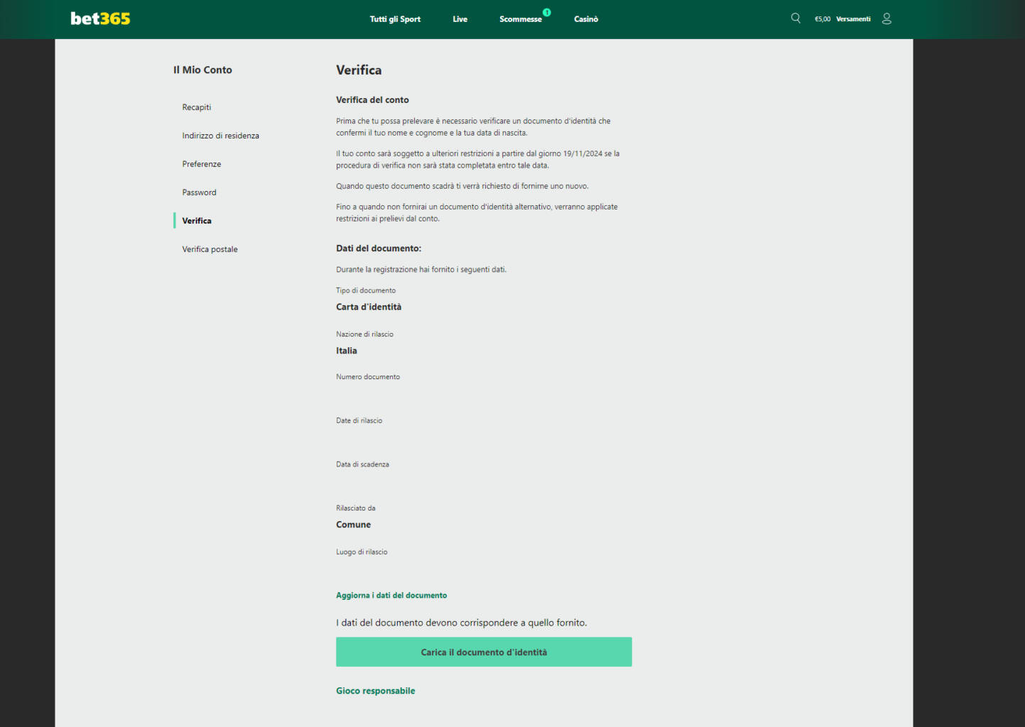 Verifica Documento di Identità su Bet365