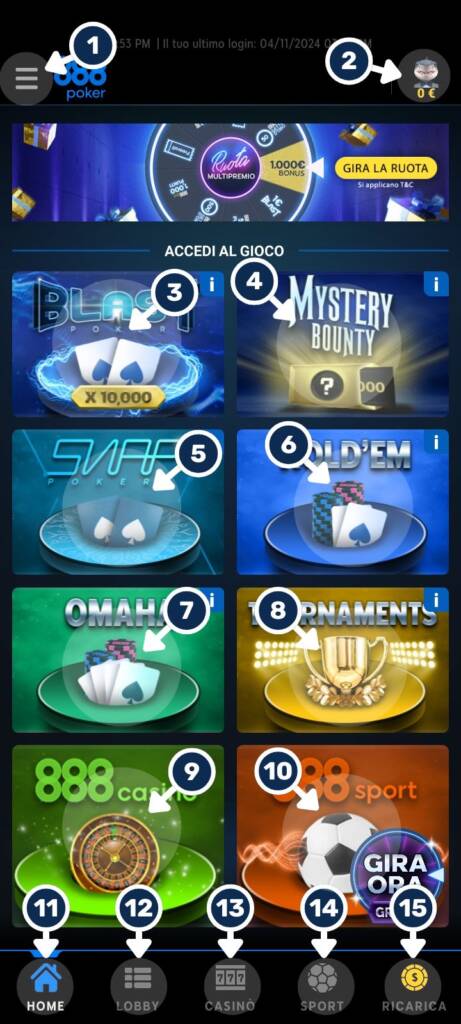 Lobby di gioco della App Mobile di 888 Poker