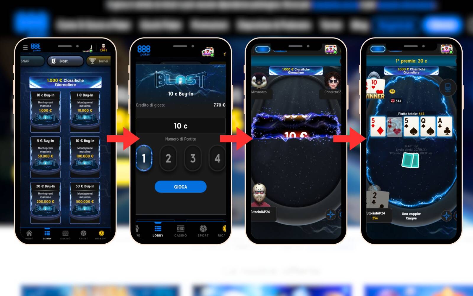 Giocare a Blast su 888 Poker Mobile