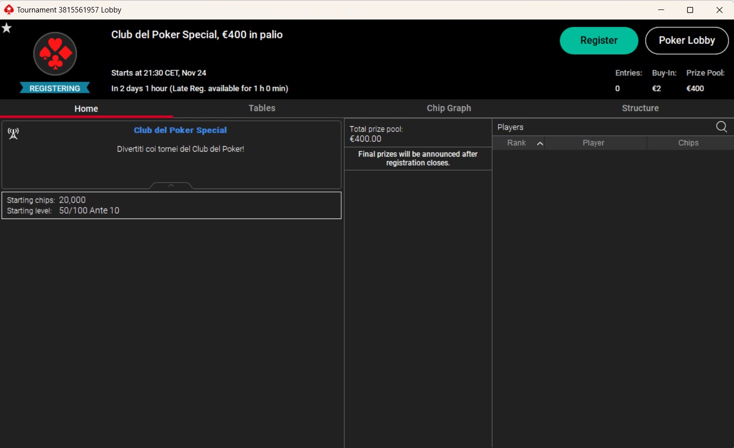 lobby club del poker special