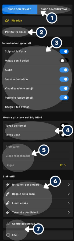 Menu Generale nella App Mobile di 888 Poker