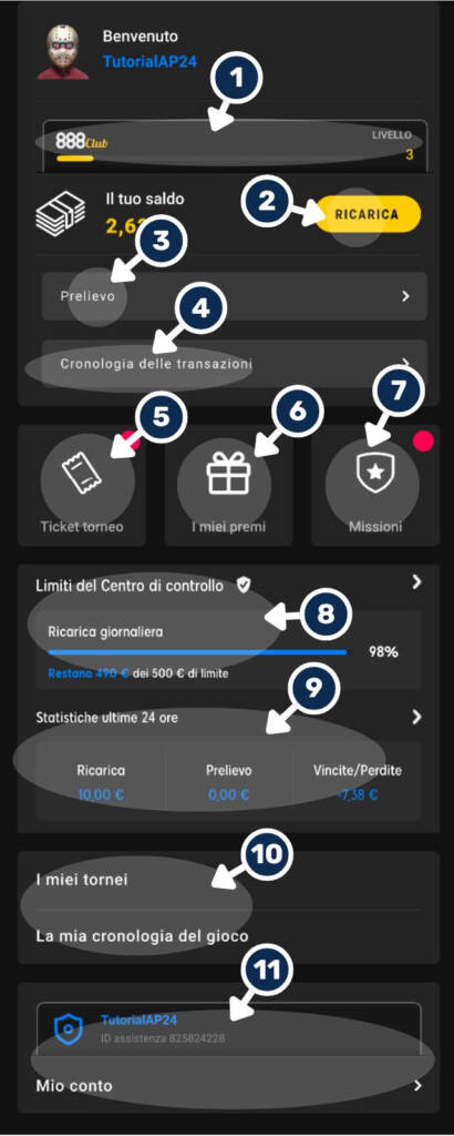 La sezione del profilo personale sulla App di 888 Poker