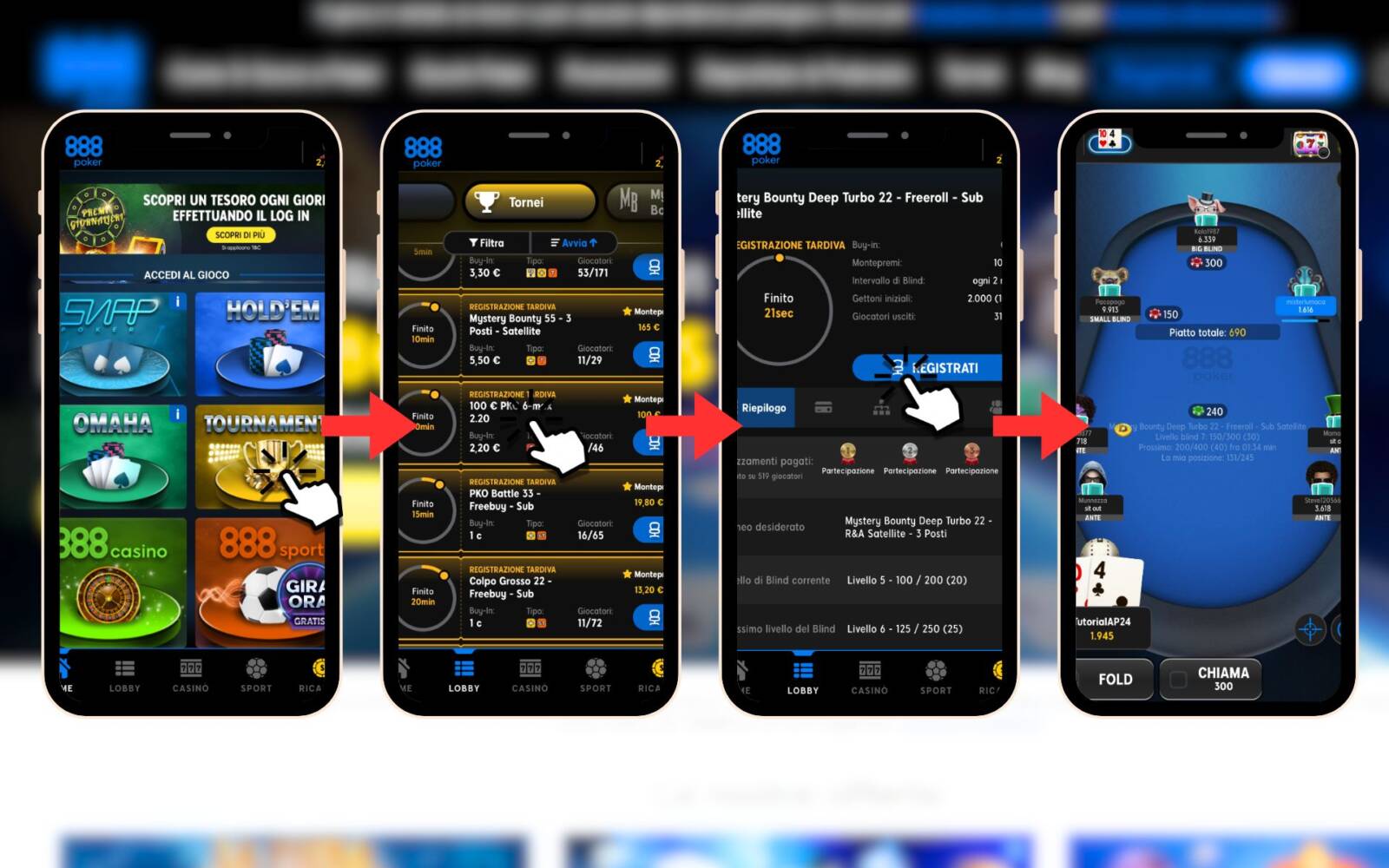 La sezione Tornei sulla App Mobile di 888 Poker