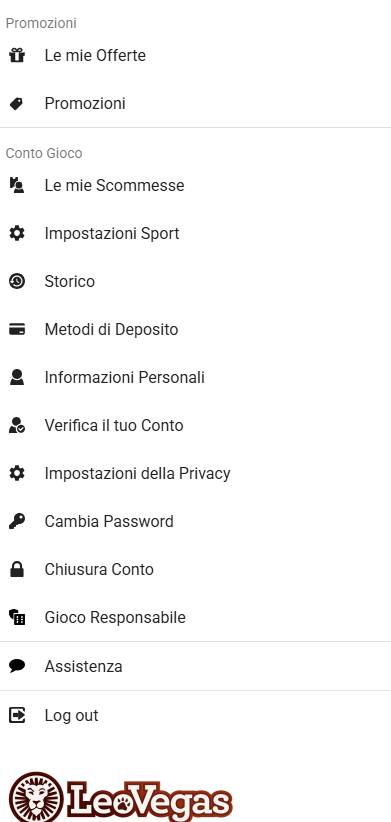 Funzionalità nel Menu di LeoVegas