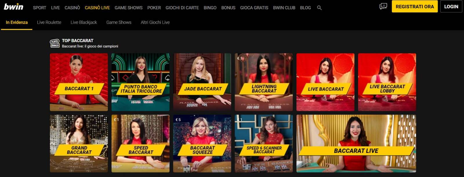 I tavoli da Baccarat nella sezione Live di Bwin Casinò