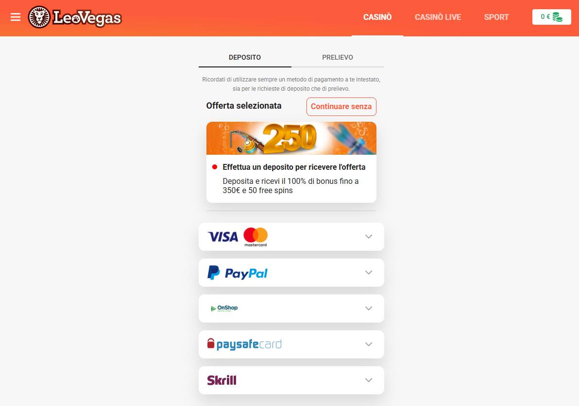 Depositare e Prelevare su LeoVegas Casinò