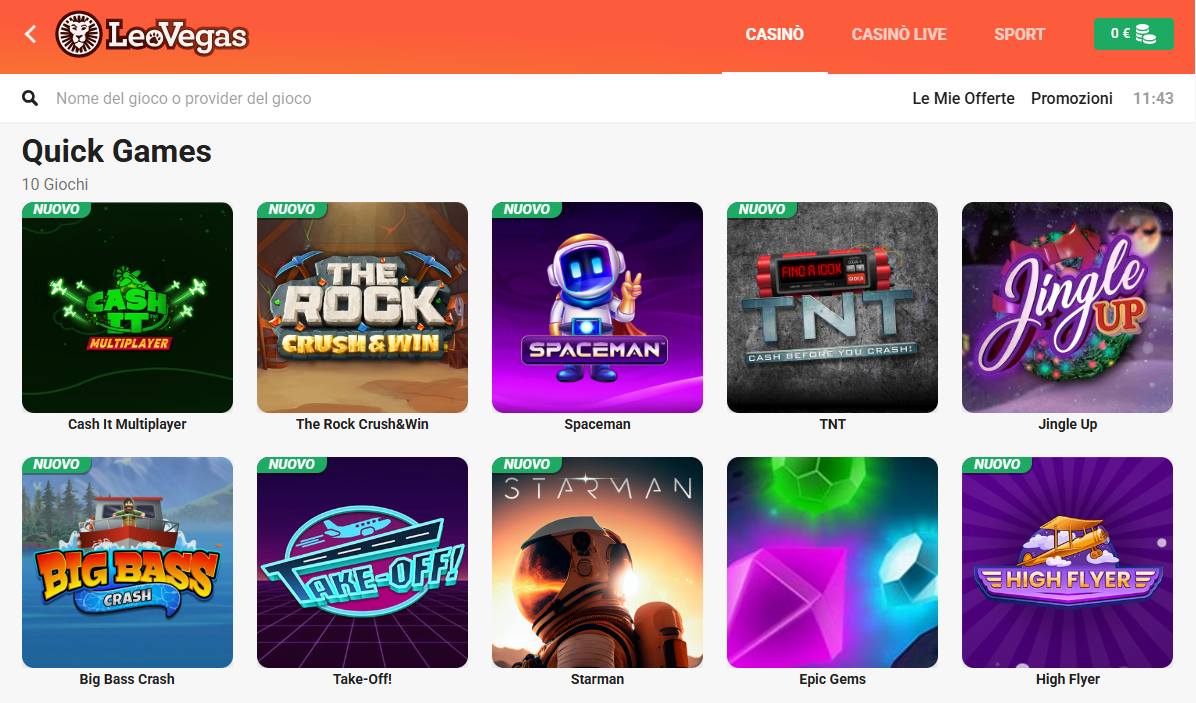 La sezione dei Quick Game su LeoVegas Casinò