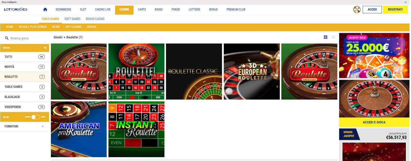 I tavoli da Roulette presenti nel Casinò di Lottomatica