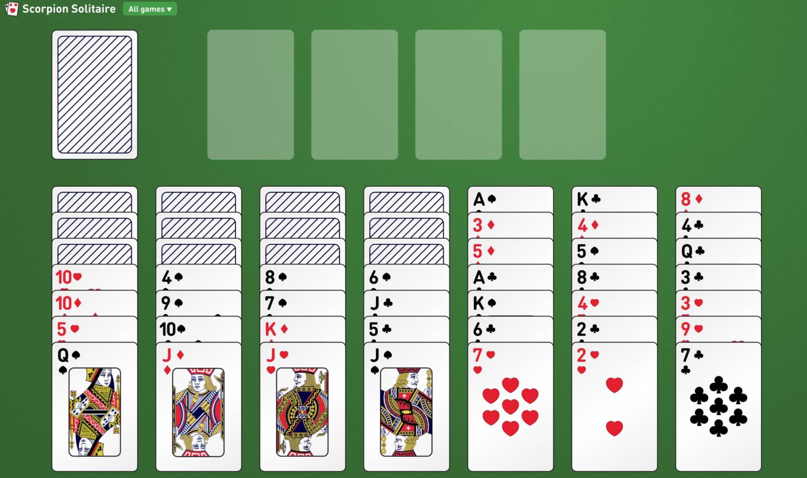 Solitario scorpion: lo schema di partenza appena distribuite le carte