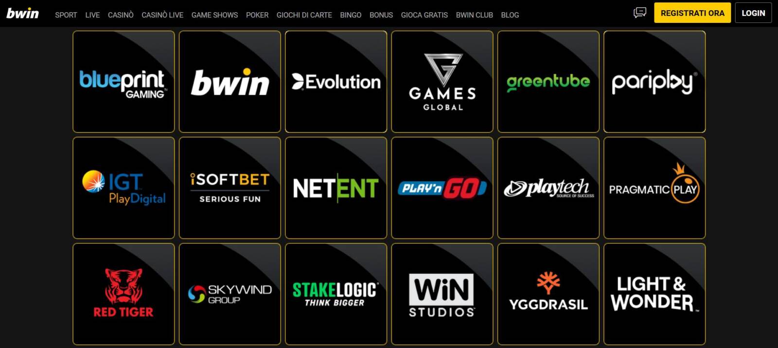 Sezione dedicata ai Fornitori di giochi e slot su Bwin Casinò