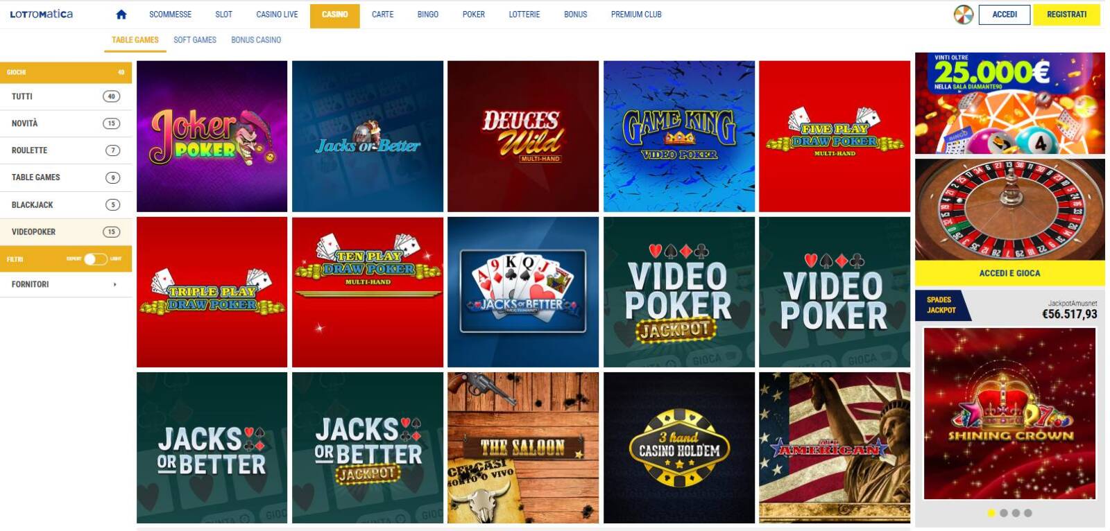 I VideoPoker su Lottomatica Casinò