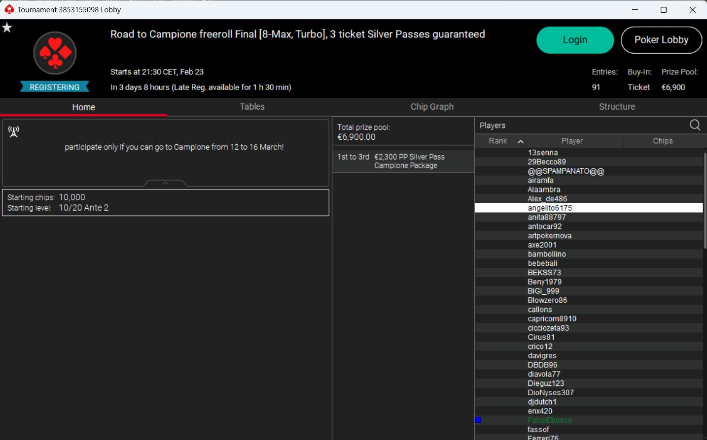 lobby road to campione freeroll final