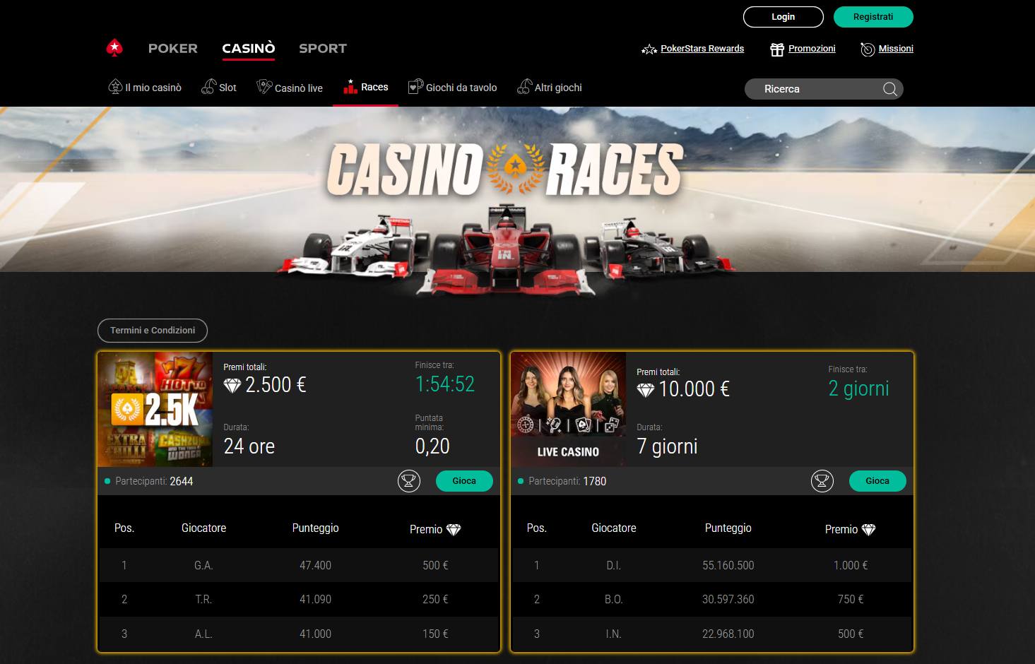 La Casinò Races su PokerStars Casinò