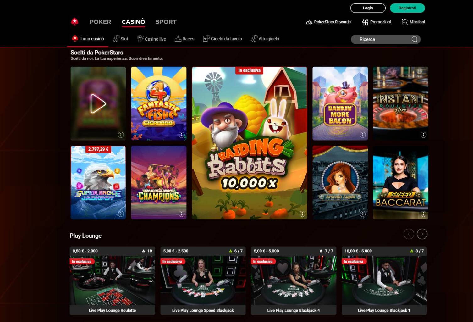 La HomePage di PokerStars Casinò da Browser