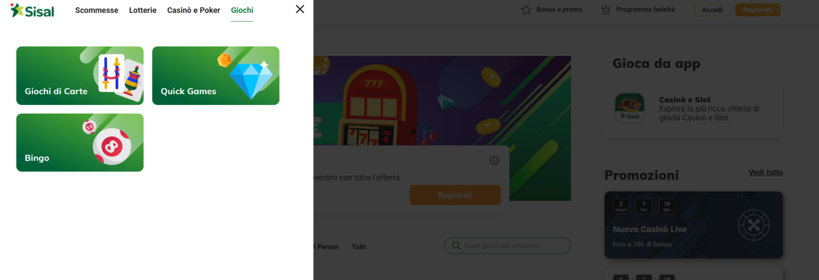 Come arrivare alla pagina dei Quick Games e altri Giochi nella sezione Sisal Casinò