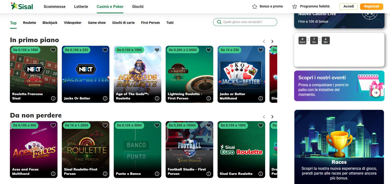 La sezione del Casinò di Sisal