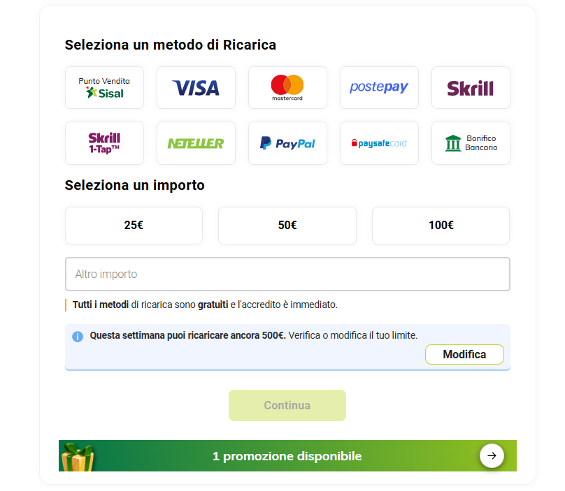 Depositare e Prelevare dal conto Sisal Casinò