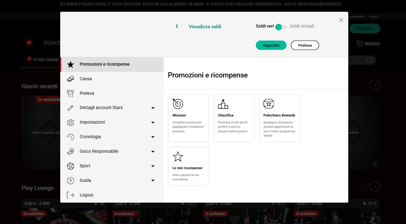 Gestione Impostazioni Account personale su PokerStars Casinò