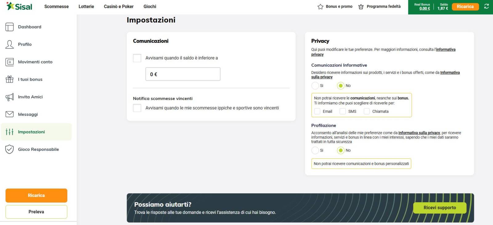 Impostazioni Profilo Personale su Sisal Casinò
