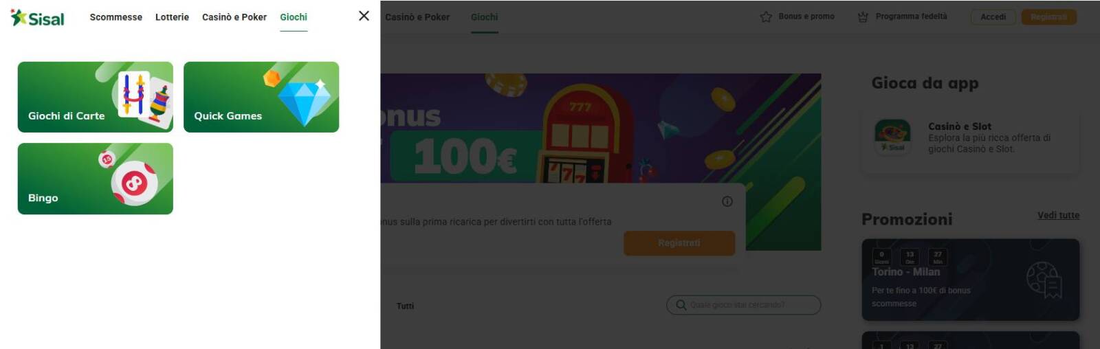 Accedere alla sezione dei Quick Games di Sisal Casino