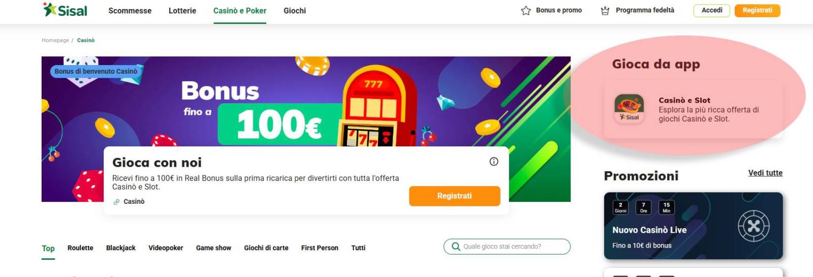 Giocare a Sisal Casino da App Mobile