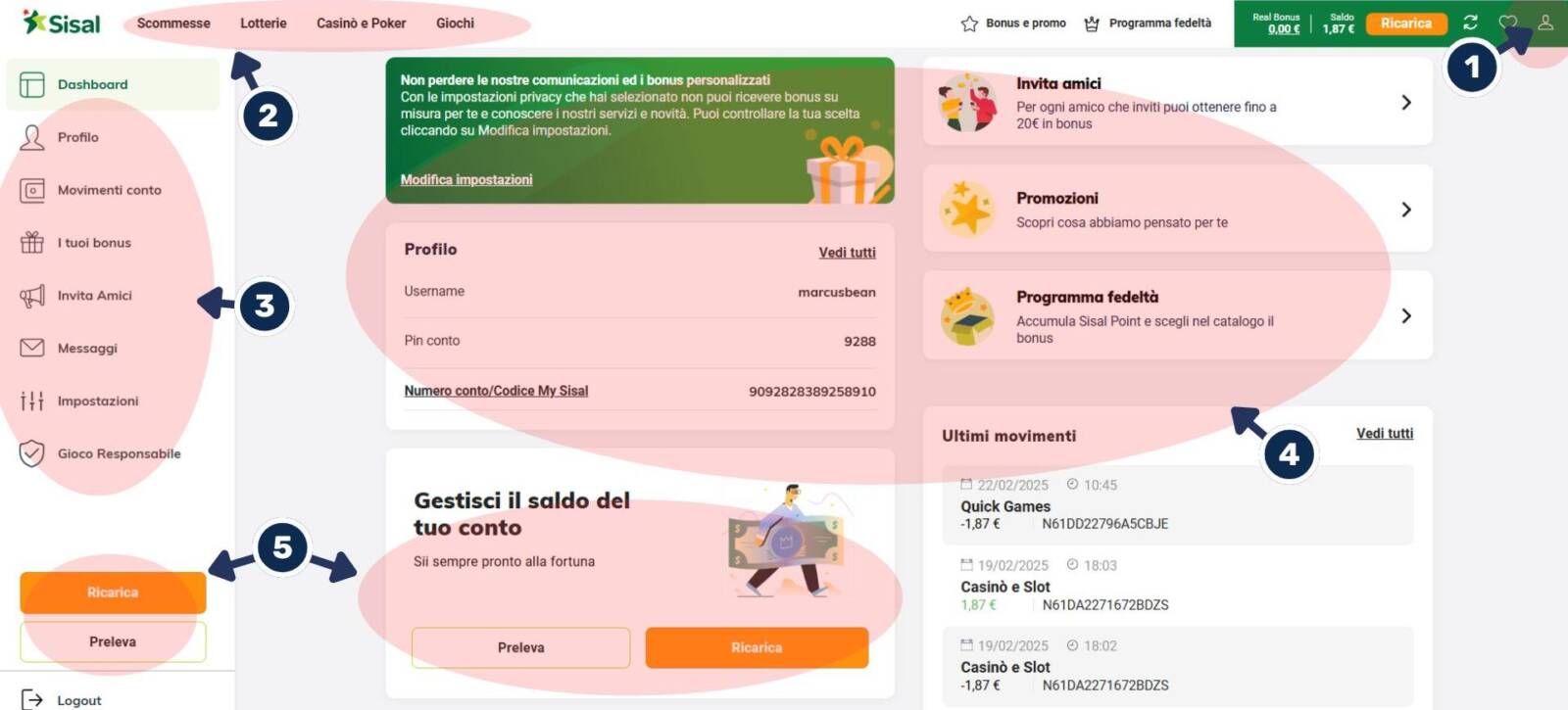 Pagina Sisal Casinò del tuo Account personale
