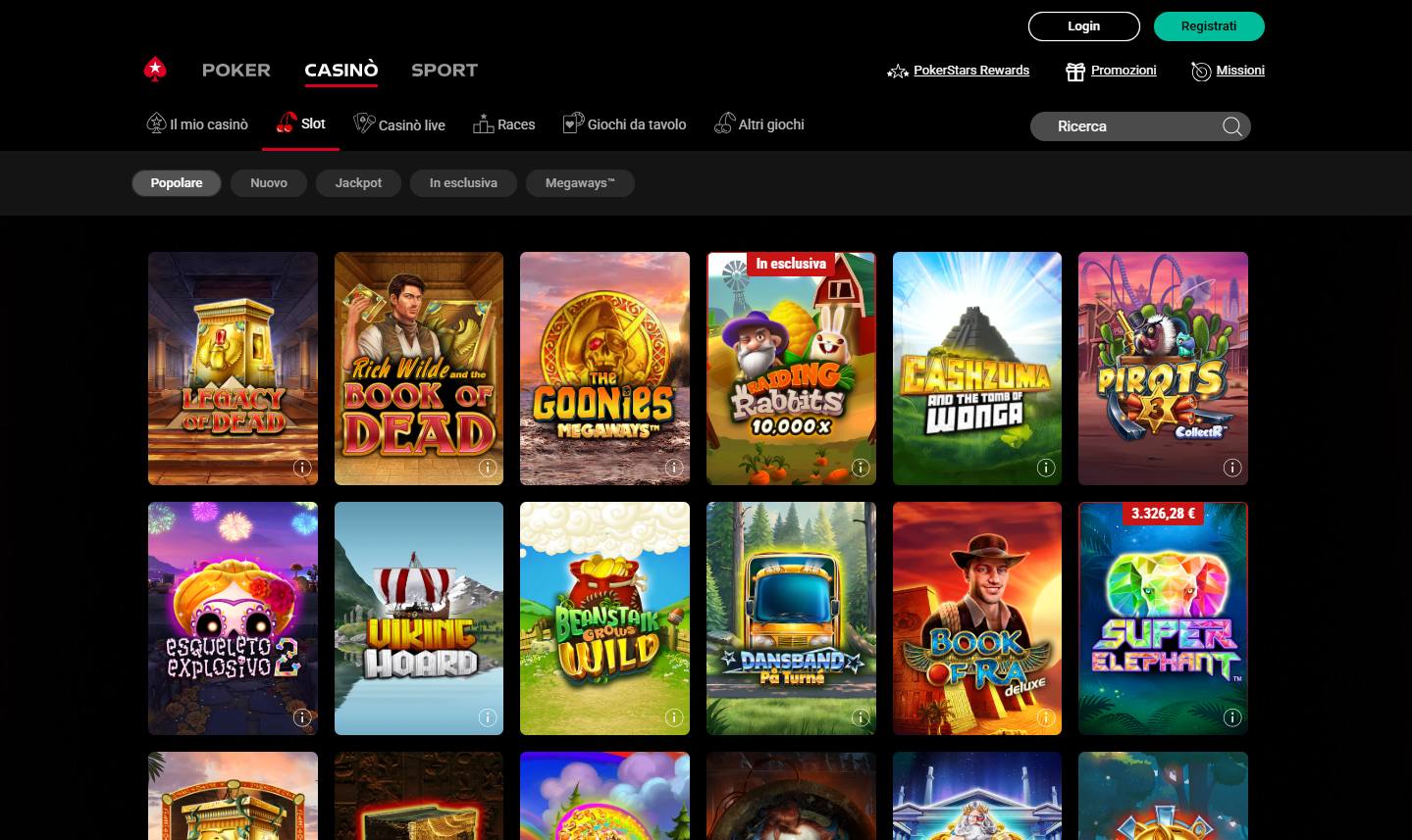 La sezione dedicata alle Slot Machine su PokerStars Casinò