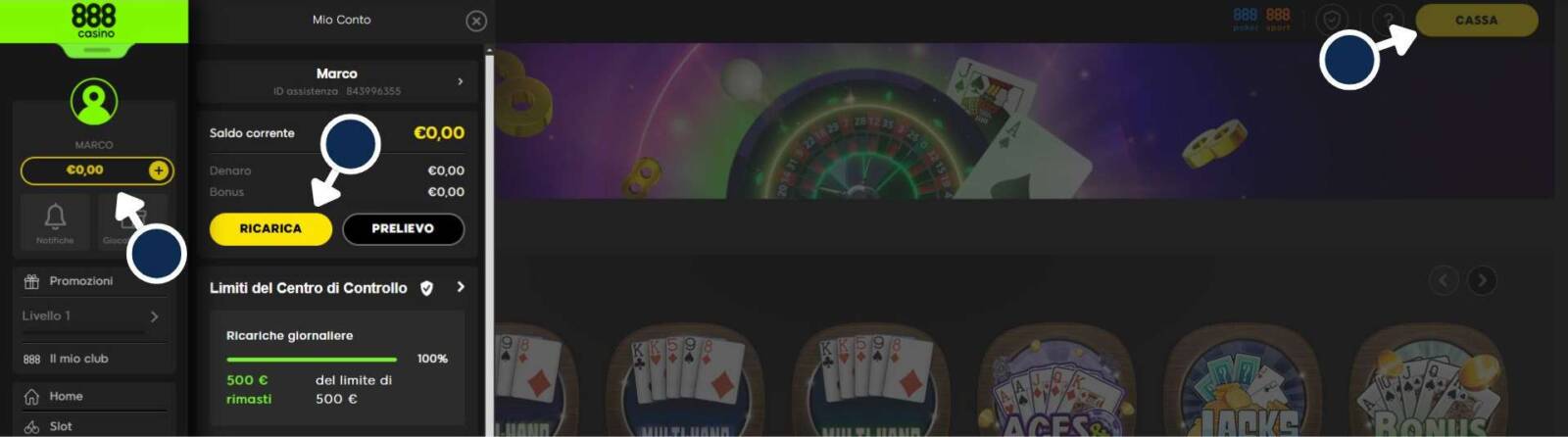 Come aprire la Cassa del tuo conto di gioco su 888 Casinò
