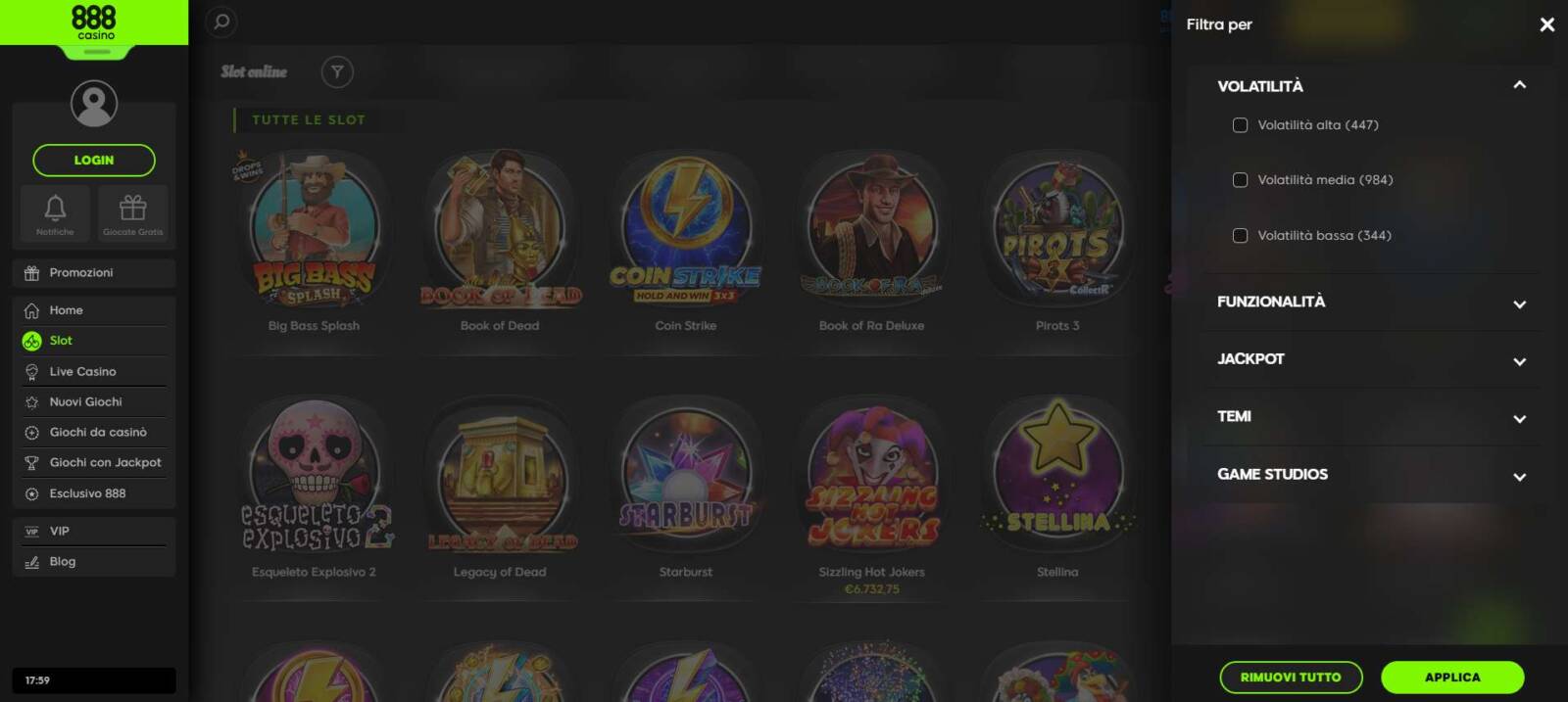 Filtro per le Slot Machine su 888 Casinò