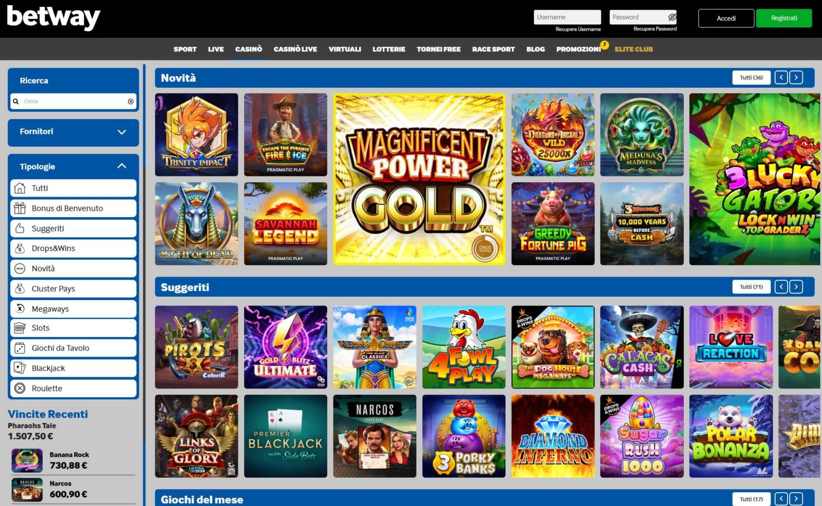 La HomePage di Betway Casinò