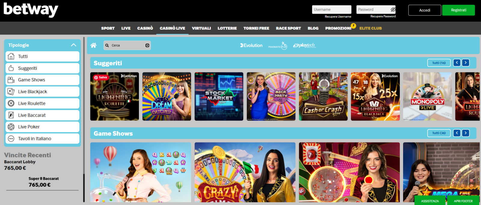 Il Casinò Live di Betway