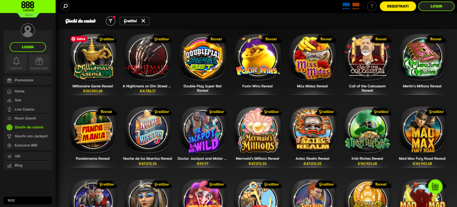 I "Grattini" disponibili nella sezione "Giochi da Casinò" di 888