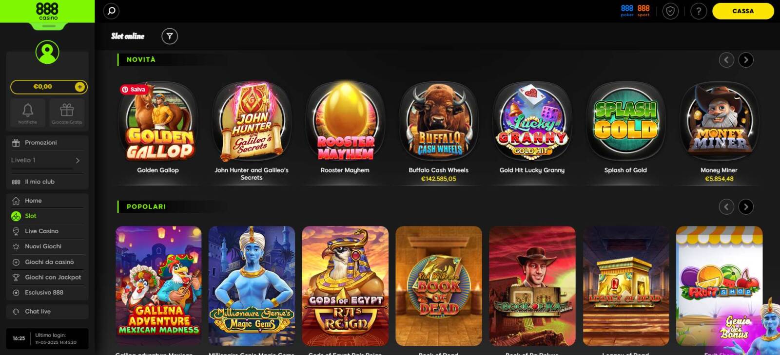 La sezione dedicata alle Slot Machine di 888 Casinò