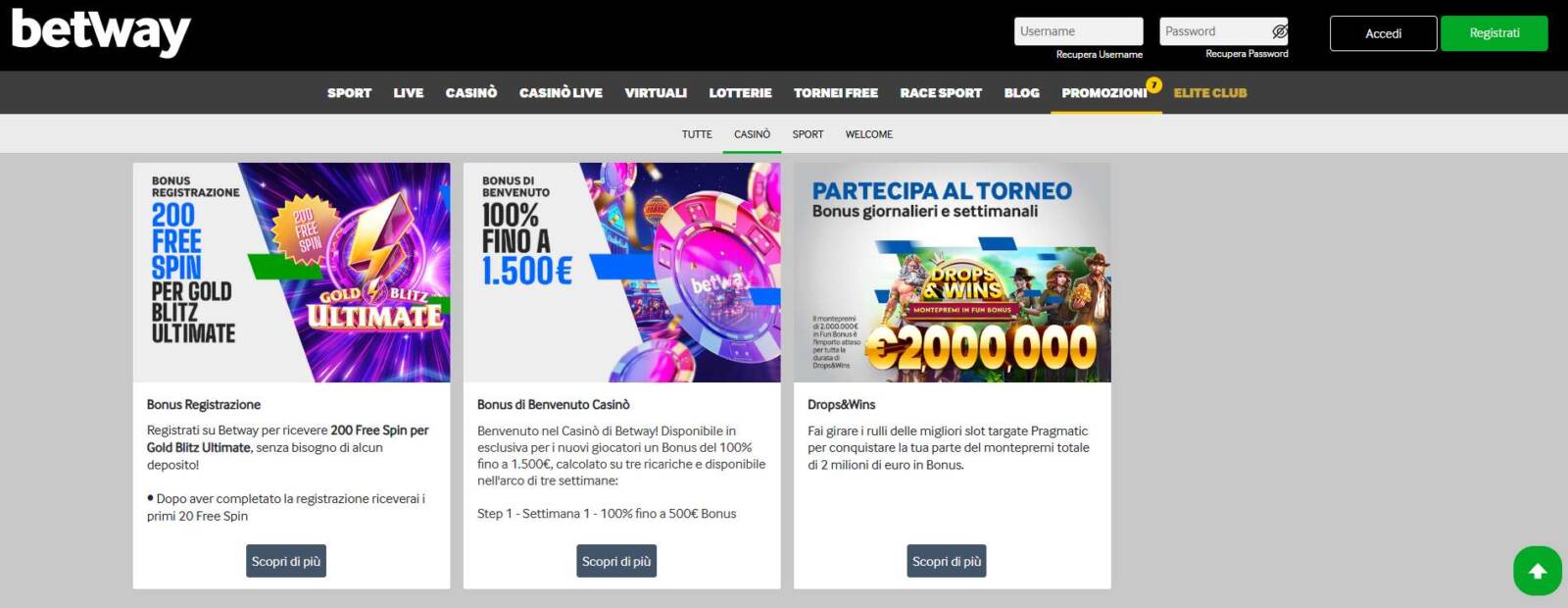 Le promozioni su Betway Casinò