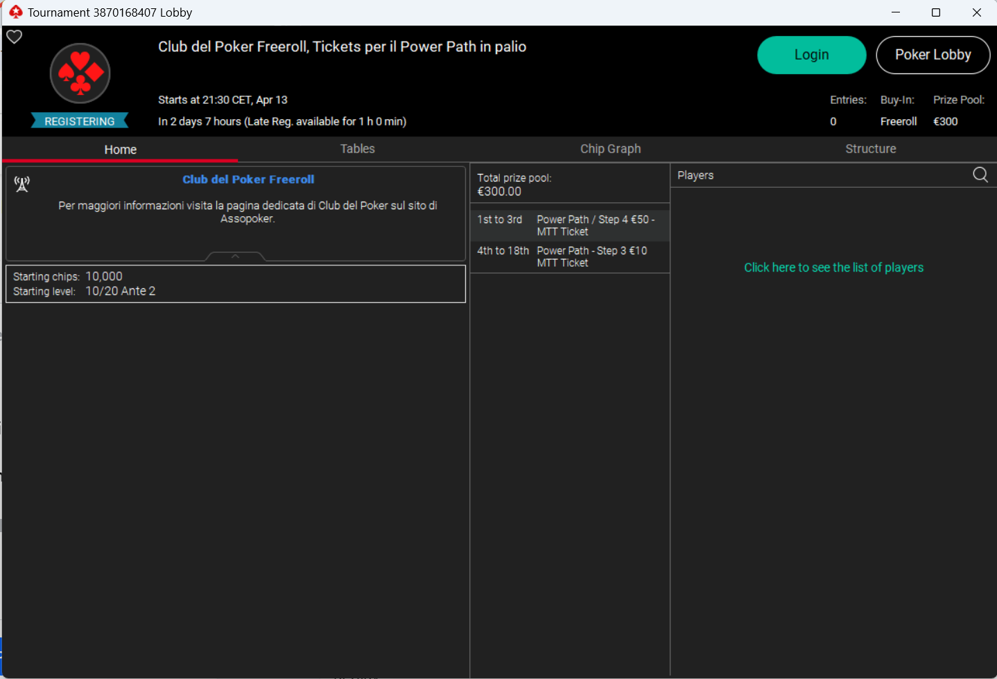 club del poker freeroll domenica 13 aprile