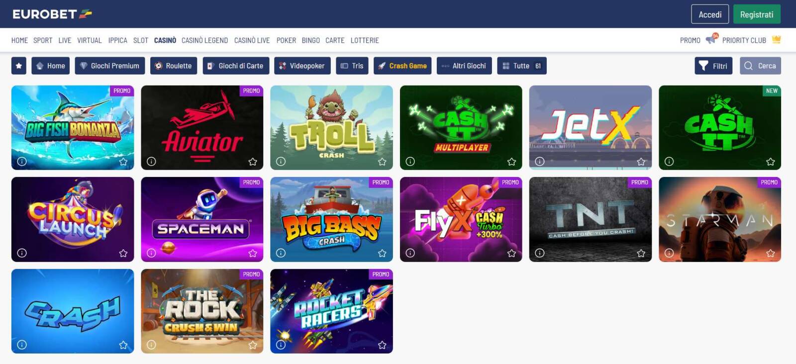 Eurobet sezione Crush Games