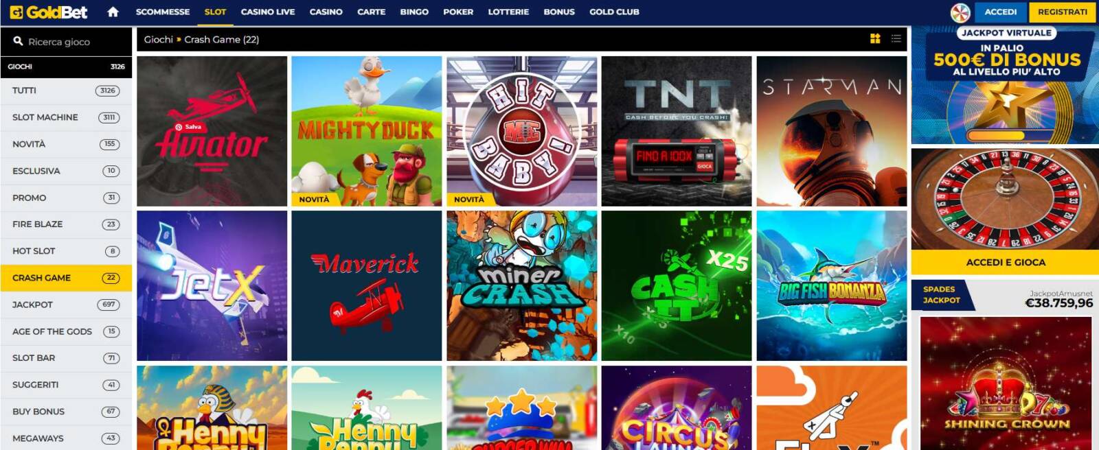 Goldbet sezione Crash Game