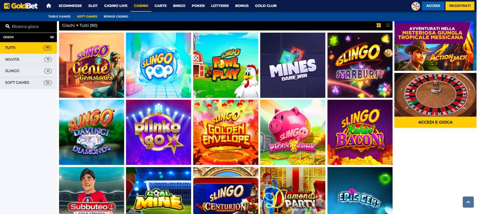 Su Goldbet troviamo la sezione soft games