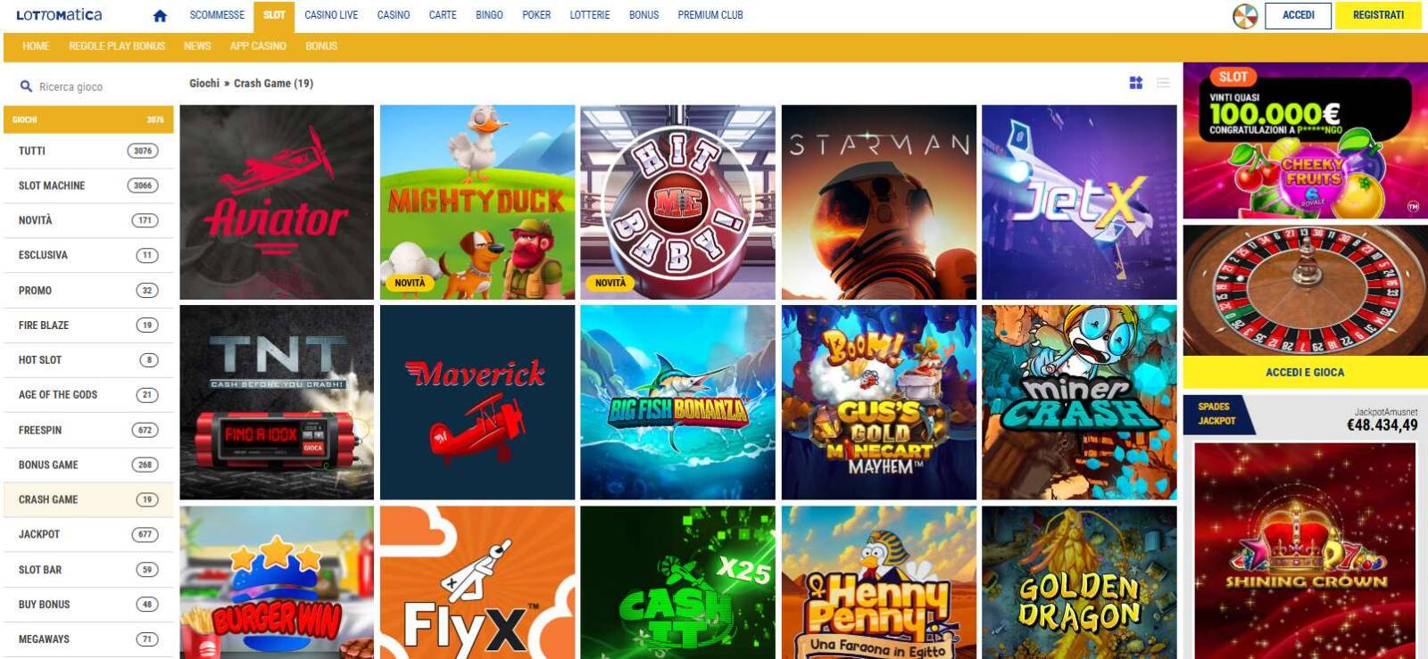 I giochi istantanei Lottomatica (sezione Crash Game)