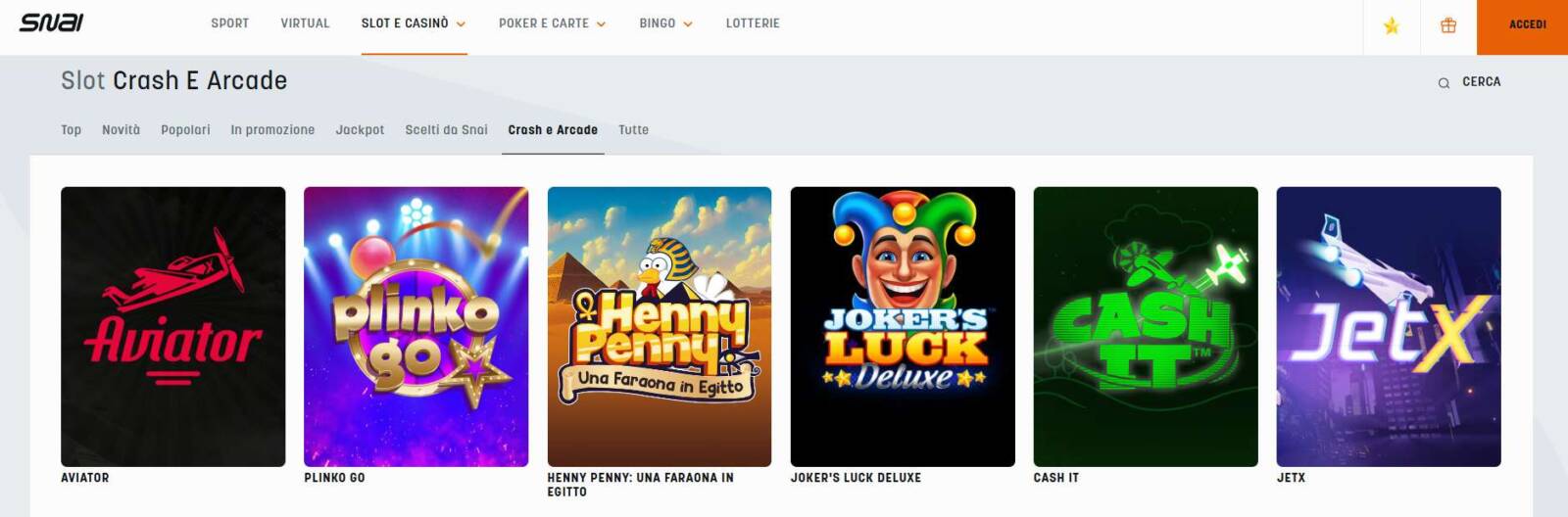 la sezione SNAI dedicata ai giochi crush e arcade
