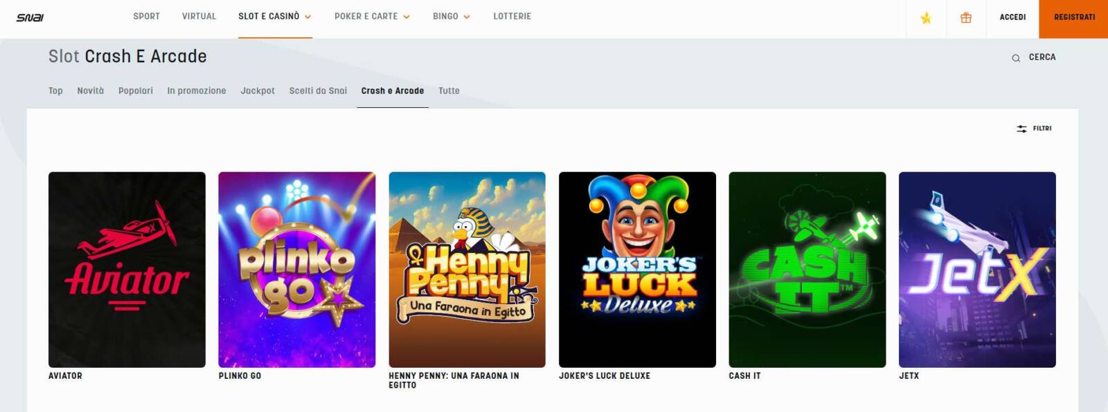 Dove trovare Aviator su SNAI Casino