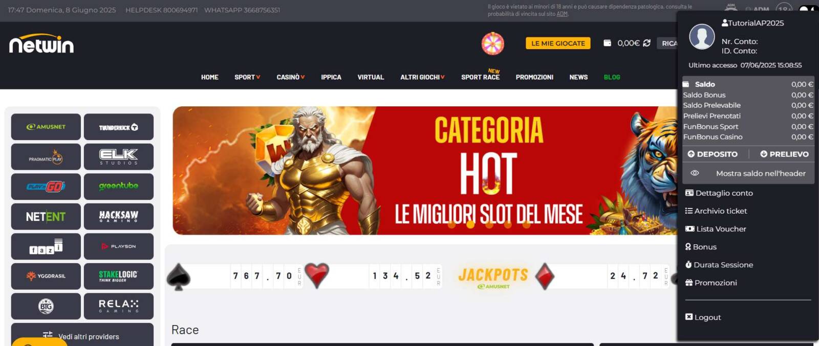 Area Personale del tuo conto Netwin Casinò