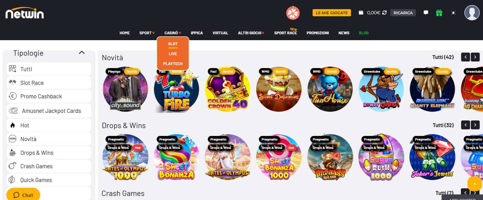 Le varie sezioni del Casinò di Netwin: Slot, Live e Playtech