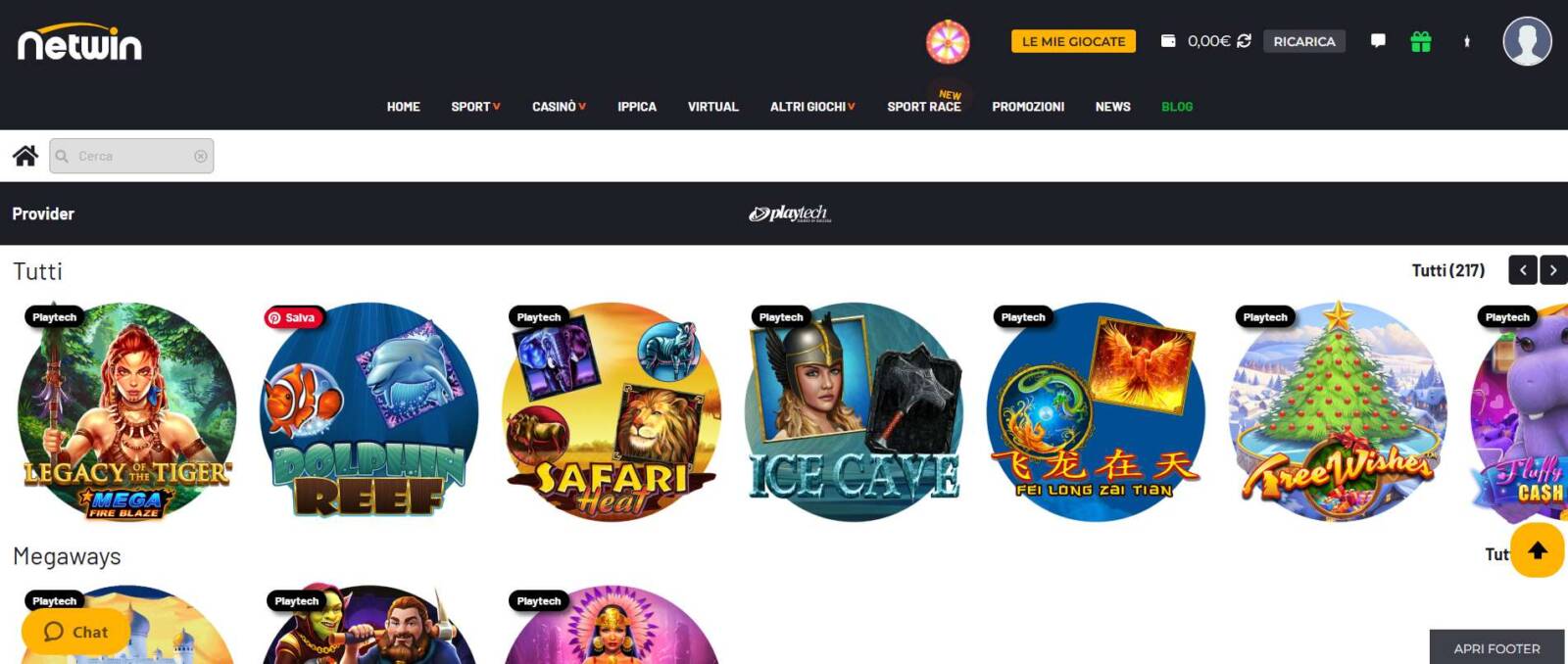 La sezione dedicata ai giochi Playtech su Netwin Casinò