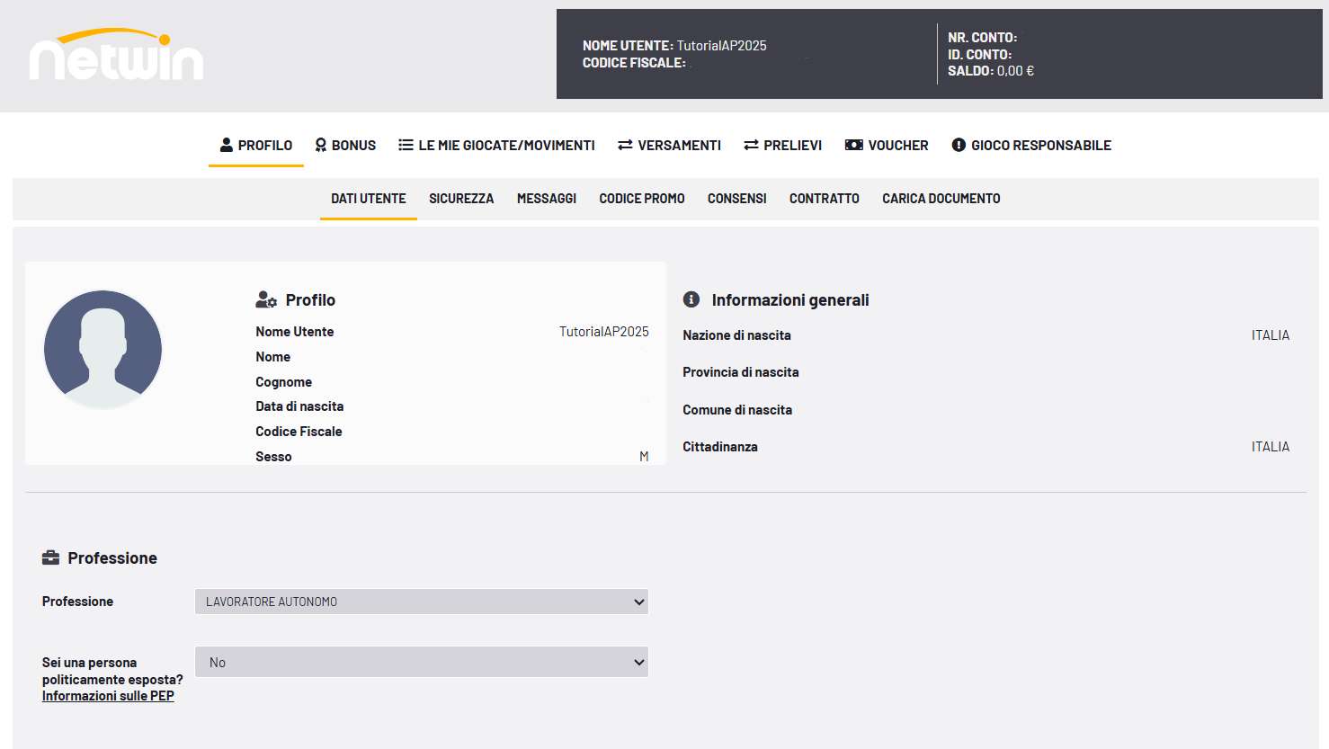 Menu Profilo su Netwin Scommesse