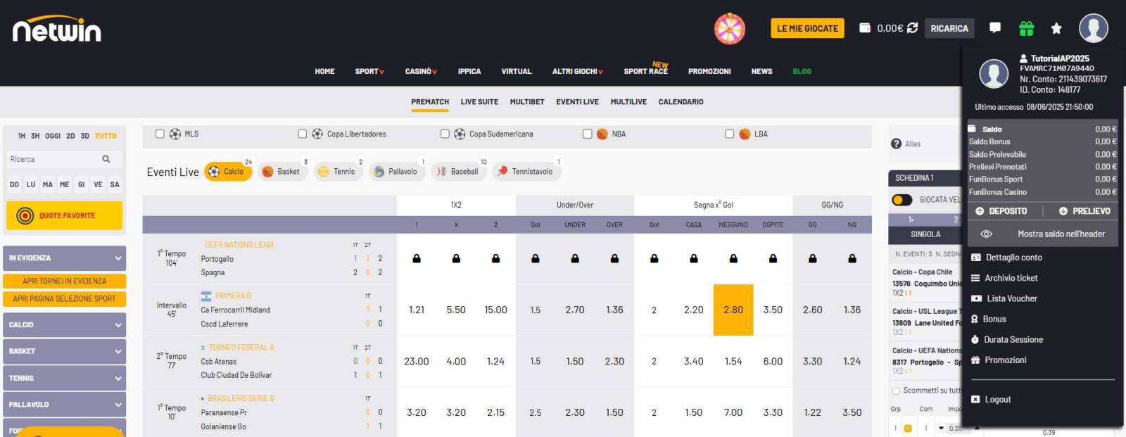 Profilo personale su Netwin Scommesse