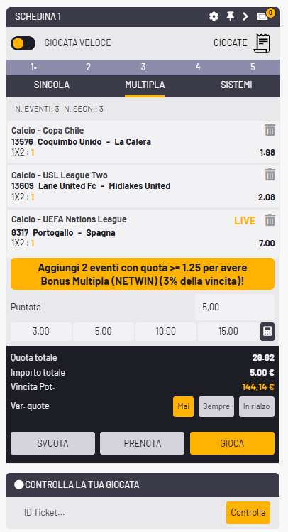 Come giocare una "Multipla" su Netwin Scommesse