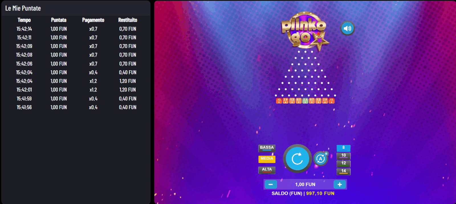 Simulazione 10 lanci a Plinko